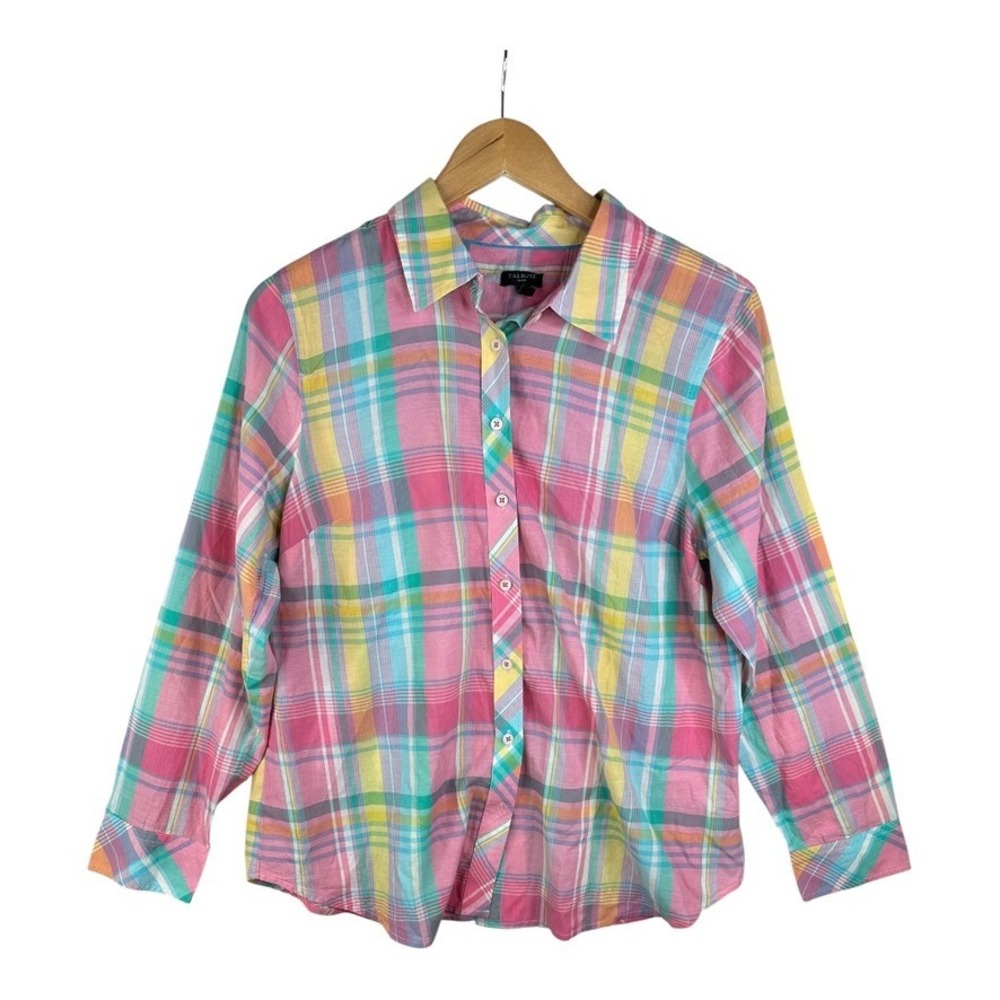 Talbots Multicolored Plaid Long Sleeve Button Up Blouse Large Petite Semi Sheer